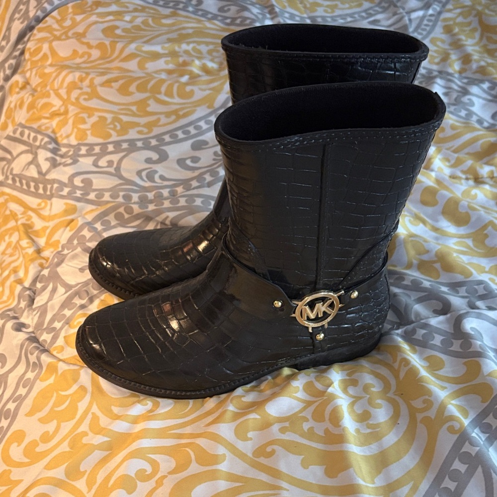 Brown Croc-Embossed Boots with MK Logo